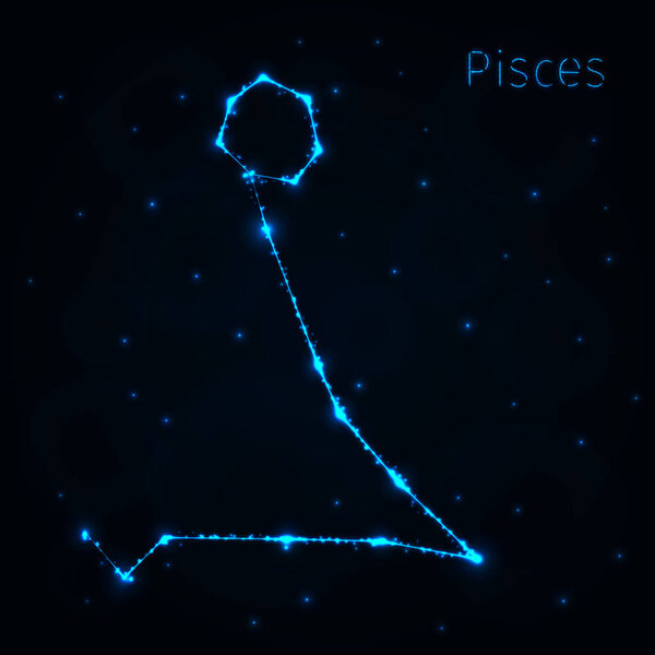 pisces Illustration Icon, blue Lights Silhouette on Dark Background. Glowing Lines and Points