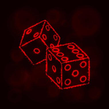 Zar simgesi. İki oyun dices, casino sembol siluet tasarım koyu arka plan üzerinde ışıklar. Vektör çizim. Parlayan çizgileri ve noktaları. Kırmızı renk.