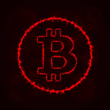 Bitcoin vektör simgesi. Web sitesi tasarımı, internet, grafik arayüzü, iş Bitcoin simgesi. Bitcoin illüstrasyon işareti, koyu arka plan üzerinde ışıklar siluet. Bitcoin parlak çizgiler ve Puan.