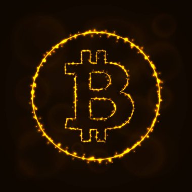 Bitcoin vektör simgesi. Web sitesi tasarımı, internet, grafik arayüzü, iş Bitcoin simgesi. Bitcoin illüstrasyon işareti, koyu arka plan üzerinde ışıklar siluet. Bitcoin parlak çizgiler ve Puan.