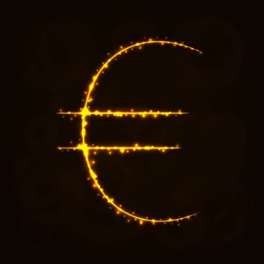 Euro para birimi işareti illüstrasyon simge, koyu arka plan üzerinde ışıklar siluet. Parlayan çizgileri ve noktaları