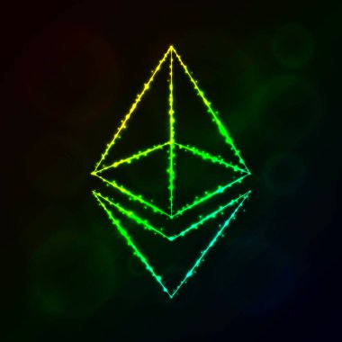 Ethereum vektör simgesi. Web sitesi tasarımı, internet, grafik arayüzü, iş Ethereum simgesi. Ethereum illüstrasyon, koyu arka plan üzerinde ışıklar siluet. Ethereum parlak çizgiler ve Puan.
