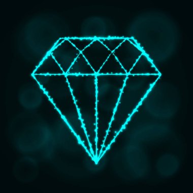 Elmas simgesi. Mücevher sembol siluet tasarım koyu arka plan üzerinde ışıklar. Parlayan çizgileri ve noktaları. Camgöbeği rengi.