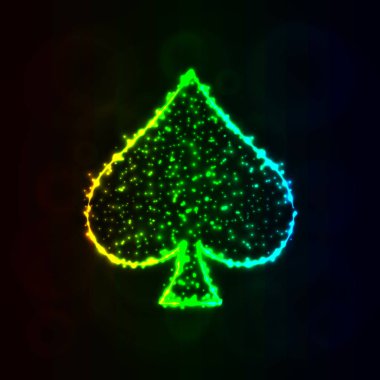 Kart illüstrasyon simge, koyu arka plan üzerinde gradyan ışıklar siluet uygun. Parlayan çizgileri ve noktaları. Kart vektör çizim uygun. Maça işareti.