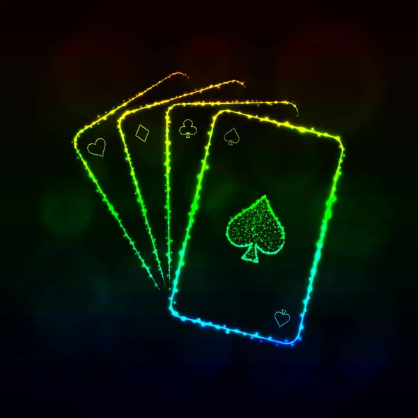 Icono Cartas Juego Cuatro Cartas Juego Símbolo Del Casino Luces — Vector de stock