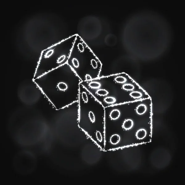 骰子图标 两个游戏骰子 赌场符号灯光剪影设计在黑暗的背景 向量例证 发光线和点 — 图库矢量图片