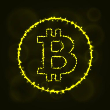 Bitcoin vektör simgesi. Web sitesi tasarımı, internet, grafik arayüzü, iş Bitcoin simgesi. Bitcoin illüstrasyon işareti, koyu arka plan üzerinde ışıklar siluet. Bitcoin parlak çizgiler ve Puan.