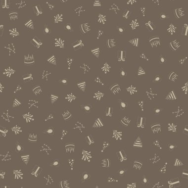 İyi ki doğdun serbest çizimler seamless modeli kahverengi zemin üzerinde. Elle çizilmiş Doğum günü öğeleri için duvar kağıtları, ambalaj, tekstil baskı, tebrik kartı, arka plan tasarımı doodles. Vektör çizim.