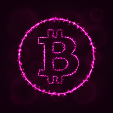 Bitcoin vektör simgesi. Web sitesi tasarımı, internet, grafik arayüzü, iş Bitcoin simgesi. Bitcoin illüstrasyon işareti, koyu arka plan üzerinde ışıklar siluet. Bitcoin parlak çizgiler ve Puan.