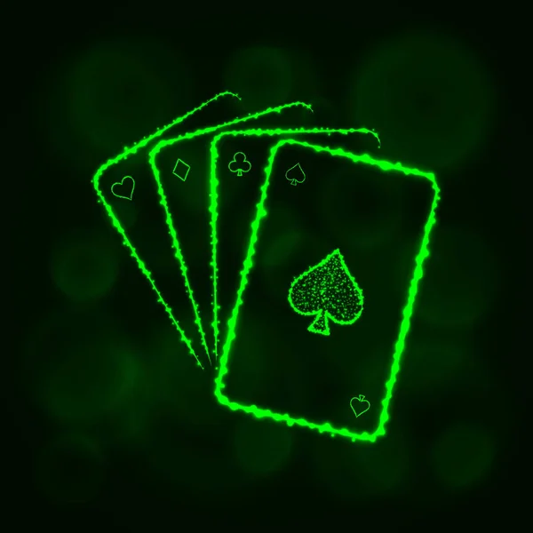 游戏卡图标 四张扑克牌 赌场符号灯剪影设计在黑暗的背景 向量例证 发光线和点 — 图库矢量图片