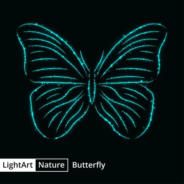 Silueta Fluture Lumini Cyan Fundal Negru — Vector de stoc