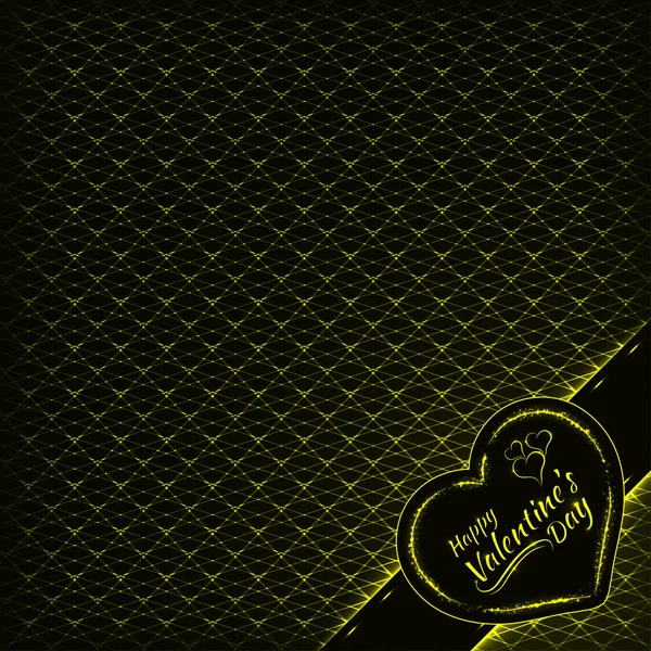 幸せなバレンタインデー黄色暗い背景のカード 心およびテキストのライト デザインが点灯します — ストックベクタ