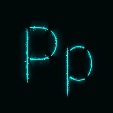 Koyu arka plan üzerinde ışıkların Camgöbeği alfabe P harfleri