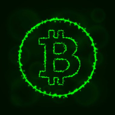 Bitcoin vektör simgesi. Web sitesi tasarımı, internet, grafik arayüzü, iş Bitcoin simgesi. Bitcoin illüstrasyon işareti, koyu arka plan üzerinde ışıklar siluet. Bitcoin parlak çizgiler ve Puan.