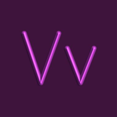 Alfabe V harfini mor renkli ışıklar, pürüzsüz gölge ile 3d çizgi