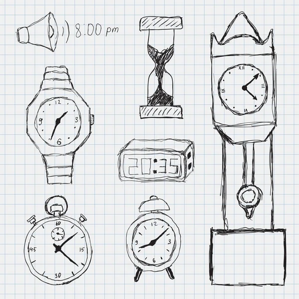 Illustration Vectorielle Ensemble Montres Dessinées Main Sur Fond Cellule — Image vectorielle