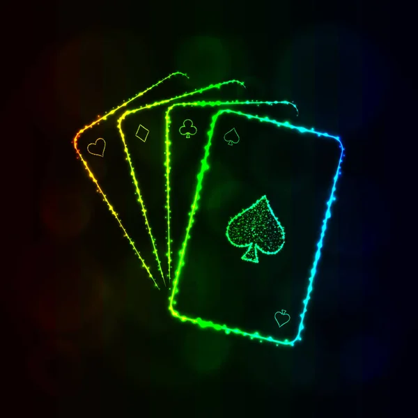 游戏卡图标 四张扑克牌 赌场符号灯剪影设计在黑暗的背景 向量例证 发光线和点 渐变颜色 — 图库矢量图片
