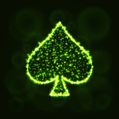 Kart illüstrasyon simge, ışıklar siluet koyu arka plan üzerinde uygun. Parlayan çizgileri ve noktaları. Kart vektör çizim uygun. Maça işareti.