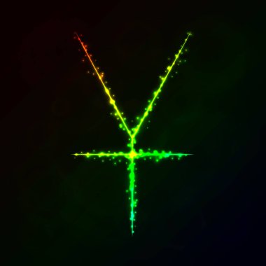  Yen para birimi işareti illüstrasyon simge, koyu arka plan üzerinde ışıklar siluet. Parlayan çizgileri ve noktaları