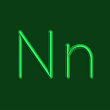 Alfabe N harfini yeşil renkli ışıklar, pürüzsüz gölge ile 3d çizgi
