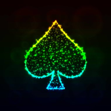 Kart illüstrasyon simge, koyu arka plan üzerinde gradyan ışıklar siluet uygun. Parlayan çizgileri ve noktaları. Kart vektör çizim uygun. Maça işareti.