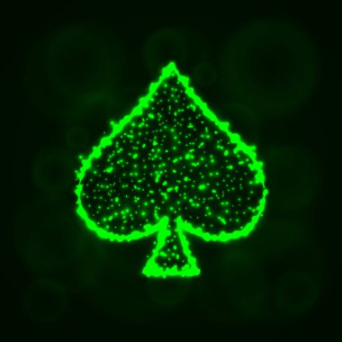 Kart illüstrasyon simge, yeşil ışıklar siluet koyu arka plan üzerinde uygun. Parlayan çizgileri ve noktaları. Kart vektör çizim uygun. Maça işareti.