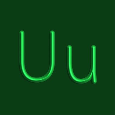 Alfabe U harfini yeşil renkli ışıklar, pürüzsüz gölge ile 3d çizgi
