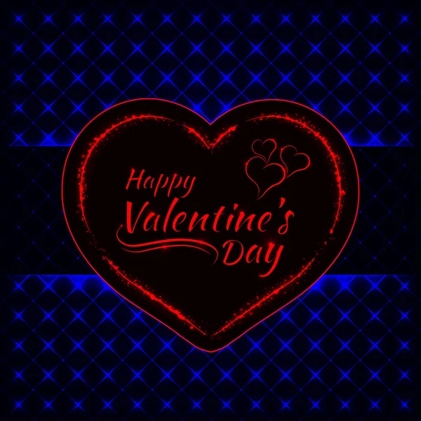 快乐情人节蓝灯卡 红色的心和文字灯设计在黑暗的背景 — 图库矢量图片