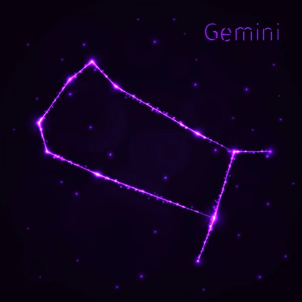 Gemini Illustration Icon Violet Lights Silhouette Dark Background Светящиеся Линии — стоковый вектор