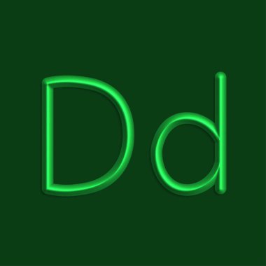 Alfabe D harflerini yeşil renkli ışıklar, pürüzsüz gölge ile 3d çizgi