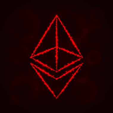Ethereum vektör simgesi. Web sitesi tasarımı, internet, grafik arayüzü, iş Ethereum simgesi. Ethereum illüstrasyon, koyu arka plan üzerinde ışıklar siluet. Ethereum parlak çizgiler ve Puan.