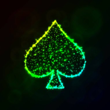 Kart illüstrasyon simge, koyu arka plan üzerinde gradyan ışıklar siluet uygun. Parlayan çizgileri ve noktaları. Kart vektör çizim uygun. Maça işareti.