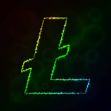 Litecoin vektör simgesi. Web sitesi tasarımı, internet, grafik arayüzü, iş Litecoin simgesi. Litecoin işareti, koyu arka plan üzerinde ışıklar siluet. Litecoin parlak çizgiler ve Puan.