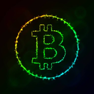 Bitcoin vektör simgesi. Web sitesi tasarımı, internet, grafik arayüzü, iş Bitcoin simgesi. Bitcoin illüstrasyon işareti, koyu arka plan üzerinde ışıklar siluet. Bitcoin parlak çizgiler ve Puan.