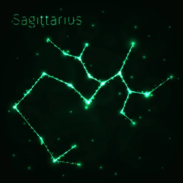 Икона Иллюстрации Sagittarius Зеленый Силуэт Огней Темном Фоне Светящиеся Линии — стоковый вектор