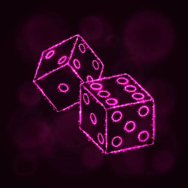 骰子图标 两个游戏骰子 赌场符号灯光剪影设计在黑暗的背景 向量例证 发光线和点 粉红色 — 图库矢量图片