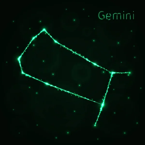 Gemini Illustration Icon Green Lights Silhouette Dark Background Светящиеся Линии — стоковый вектор