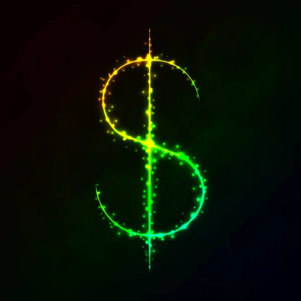 Dólar Moneda Signo Ilustración Icono Luces Silueta Sobre Fondo Oscuro — Vector de stock