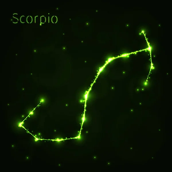 Scorpio Icono Ilustración Luces Silueta Sobre Fondo Oscuro Líneas Brillantes — Vector de stock