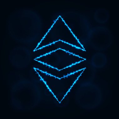 Ethereum vektör simgesi. Web sitesi tasarımı, internet, grafik arayüzü, iş Ethereum simgesi. Ethereum illüstrasyon, koyu arka plan üzerinde ışıklar siluet. Ethereum parlak çizgiler ve Puan.