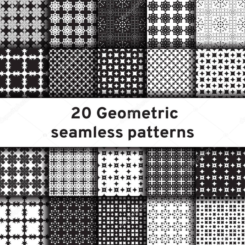 Set of 20 monochrome seamless patterns. Universal different vector patterns. Geometric ornaments. Collection black and white vector backgrounds.