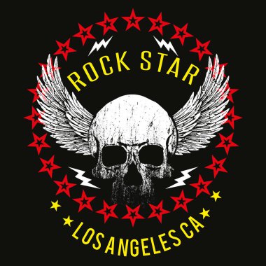 Beyaz kanatlı, kırmızı yıldızlı ve sarı arkaplanda sarı harfli bir kafatası tişörtü için vektör tasarımı.