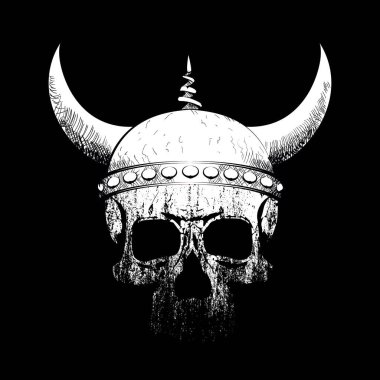 Siyah arka planda Viking miğferi olan insan kafatası tişörtü için vektör illüstrasyonu