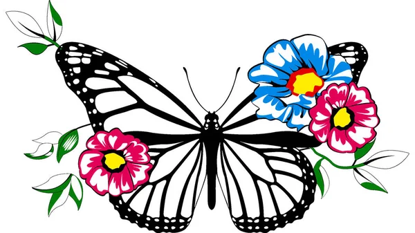 Vektorová Ilustrace Motýla Barevnými Květy Izolovanými Bílém — Stockový vektor