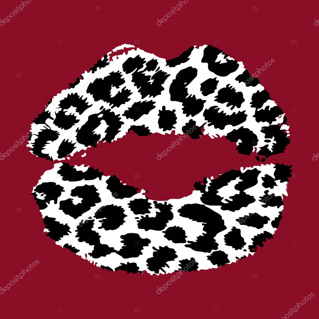 Design for a pink lips shirt with leopard print on red background 