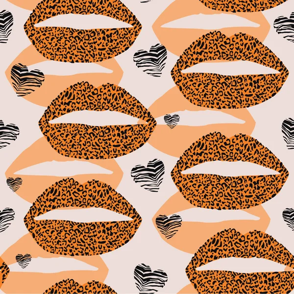 Шаблон Дизайн Леопардовой Печати Губ Сердец Оранжевом Фоне — стоковый вектор