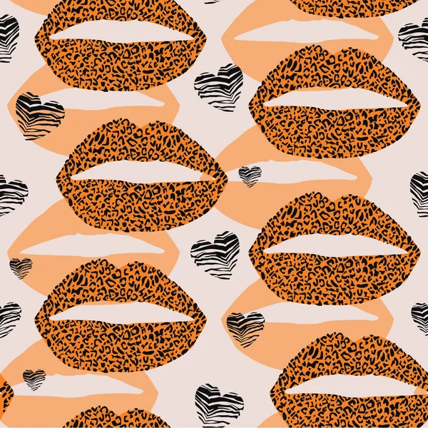 Pattern design of a leopard print lips and hearts on orange background