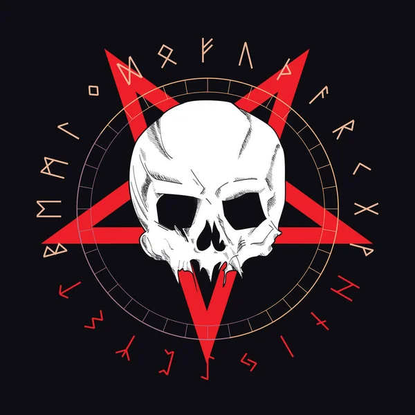 Kırmızı bir yıldızın üzerinde beyaz bir kafatası ve siyah üzerine izole edilmiş runik karakterlerin T-shirt vektör tasarımı. Poster veya tişört için kafatası çizimi.