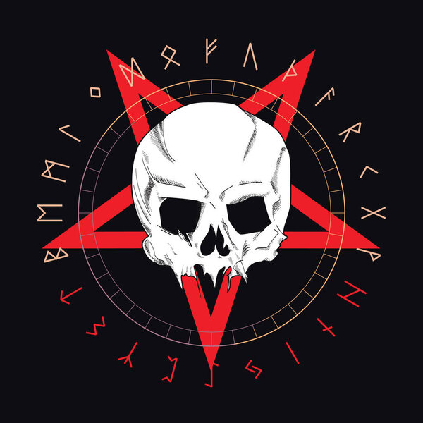 Векторный дизайн футболки с белым черепом над красной перевернутой звездой и руническими символами, изолированными на чёрном. Рисунок черепа для плаката или футболки.