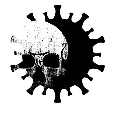 Coronavirüs 'ün içindeki bir kafatasının temsili çizimi beyaza izole edilmiş.